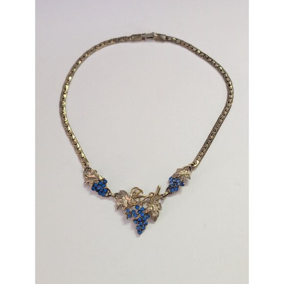 Vintage Silver Tone Necklace Blue Rhinestone Grape Cluster Design 16 Inches Long - Picture 2 of 4